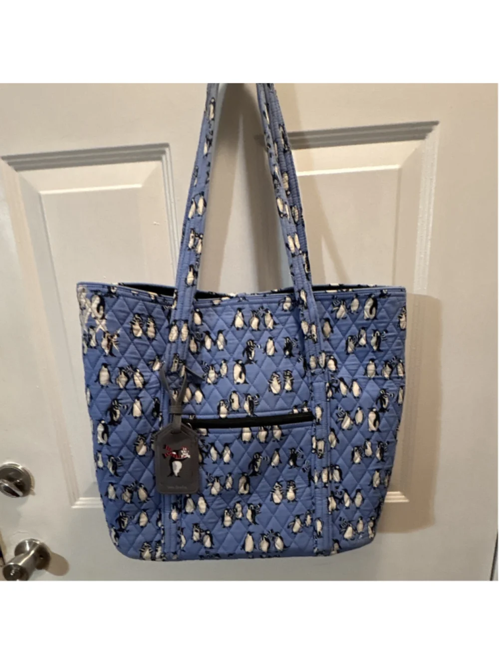 Vera Bradley Blue Penguin Print Tote Bag, Medium, Pockets inside & out 1215